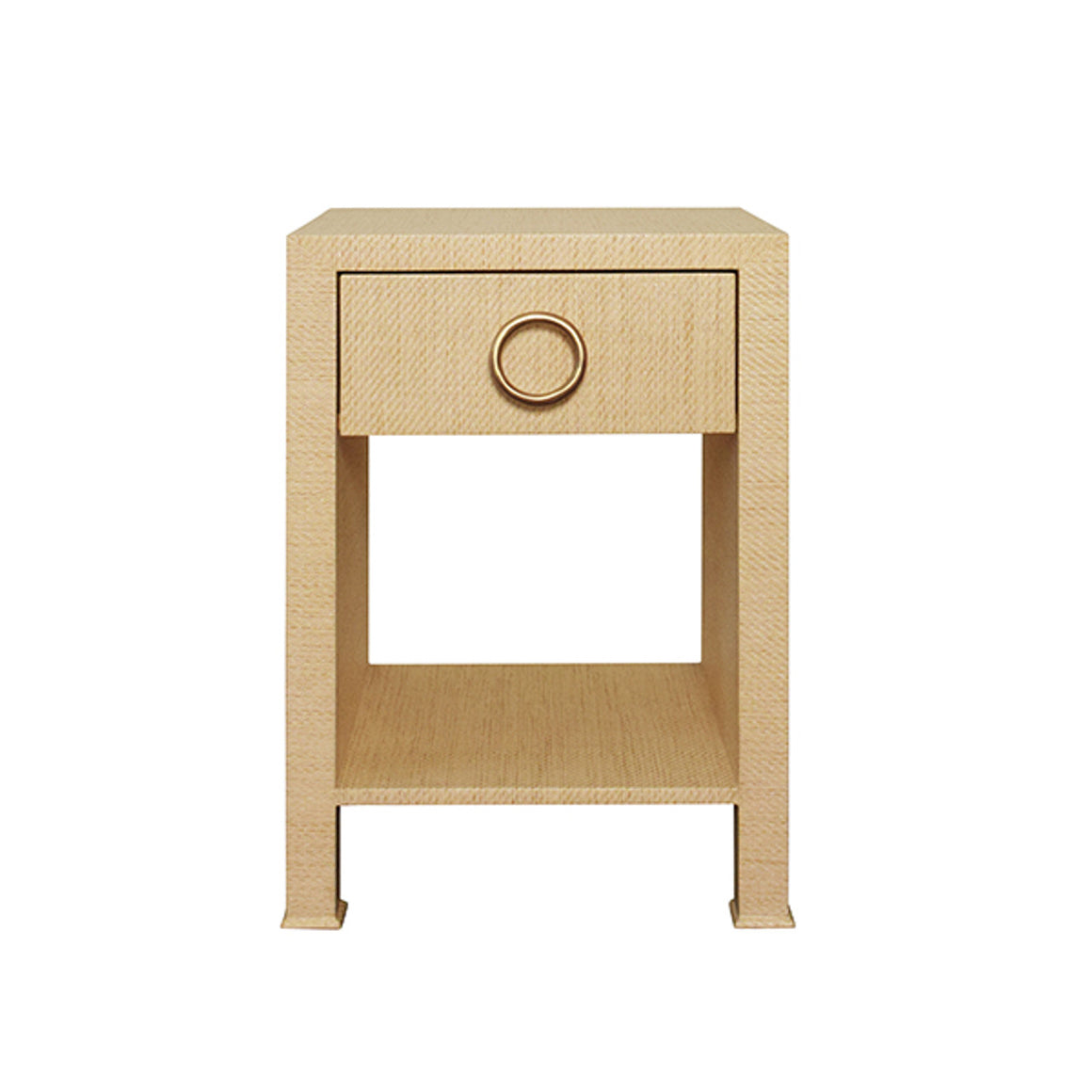 Malcolm Side Table with Antique Brass Circle Hardware in Natural Grasscloth