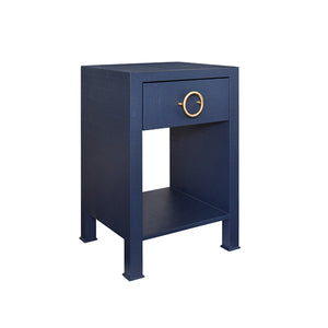 Malcolm Side Table with Antique Brass Circle Hardware in Textured Navy Linen