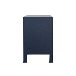 Malcolm Side Table with Antique Brass Circle Hardware in Textured Navy Linen