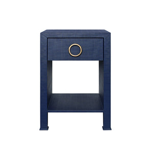 Malcolm Side Table with Antique Brass Circle Hardware in Textured Navy Linen