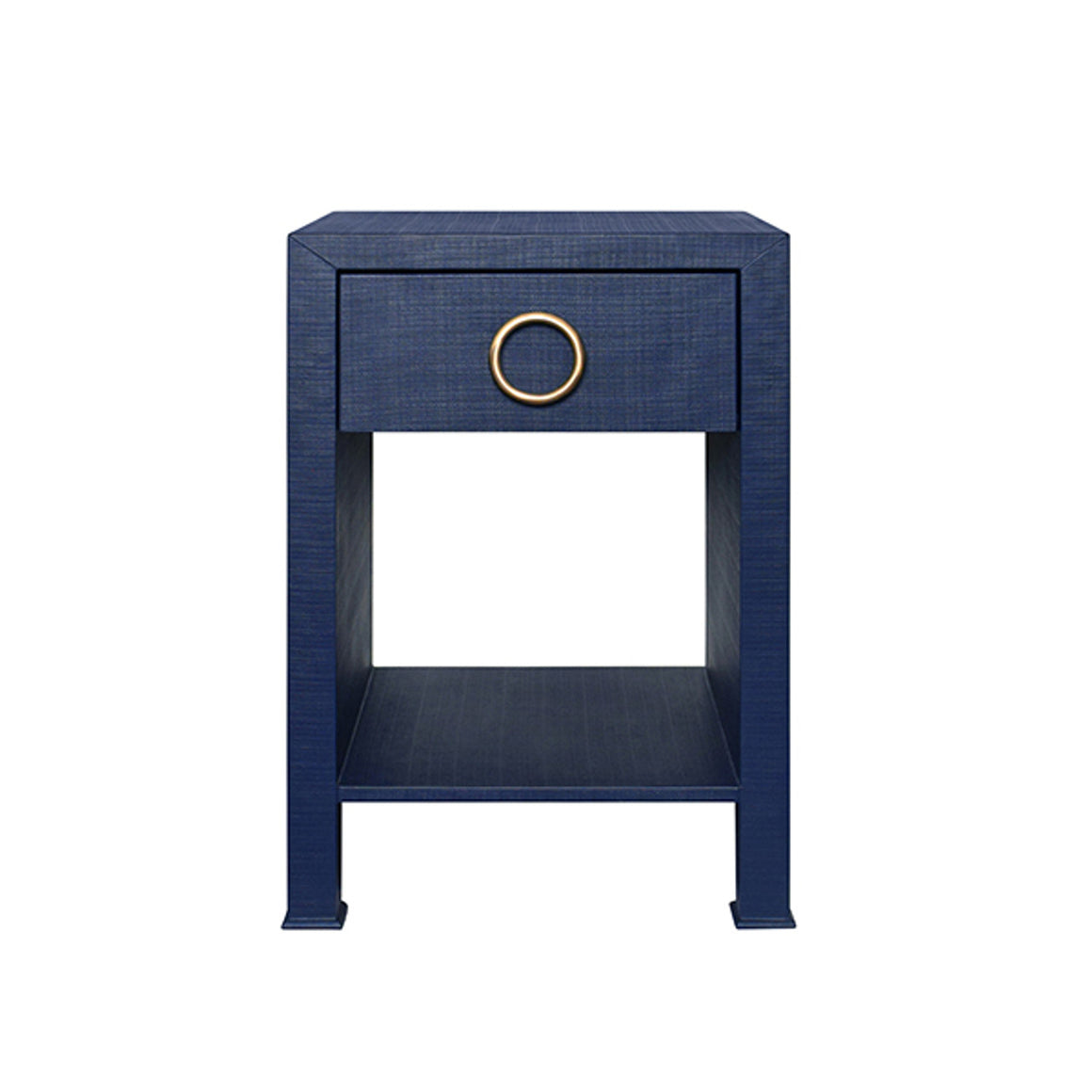 Malcolm Side Table with Antique Brass Circle Hardware in Textured Navy Linen