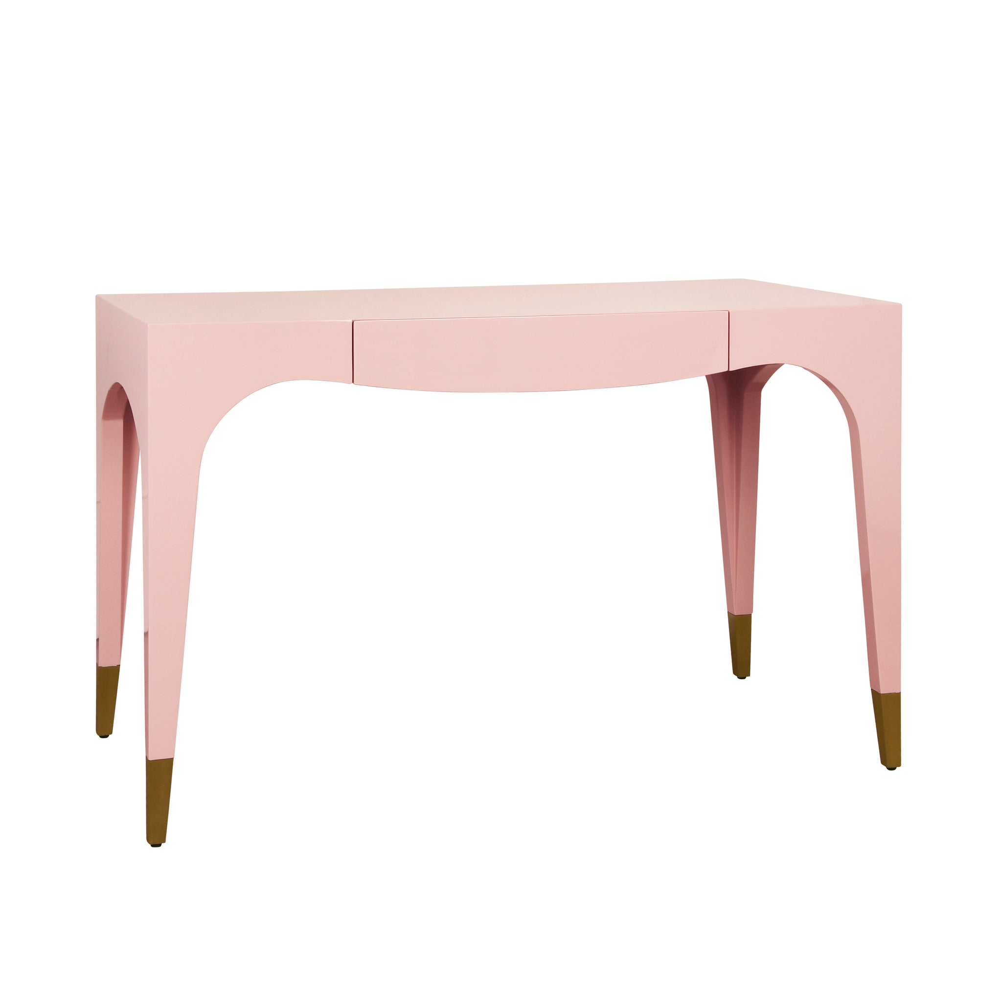 Mandi Tapered Leg, One Drawer Desk With Antique Brass Foot Caps In White Lacquer