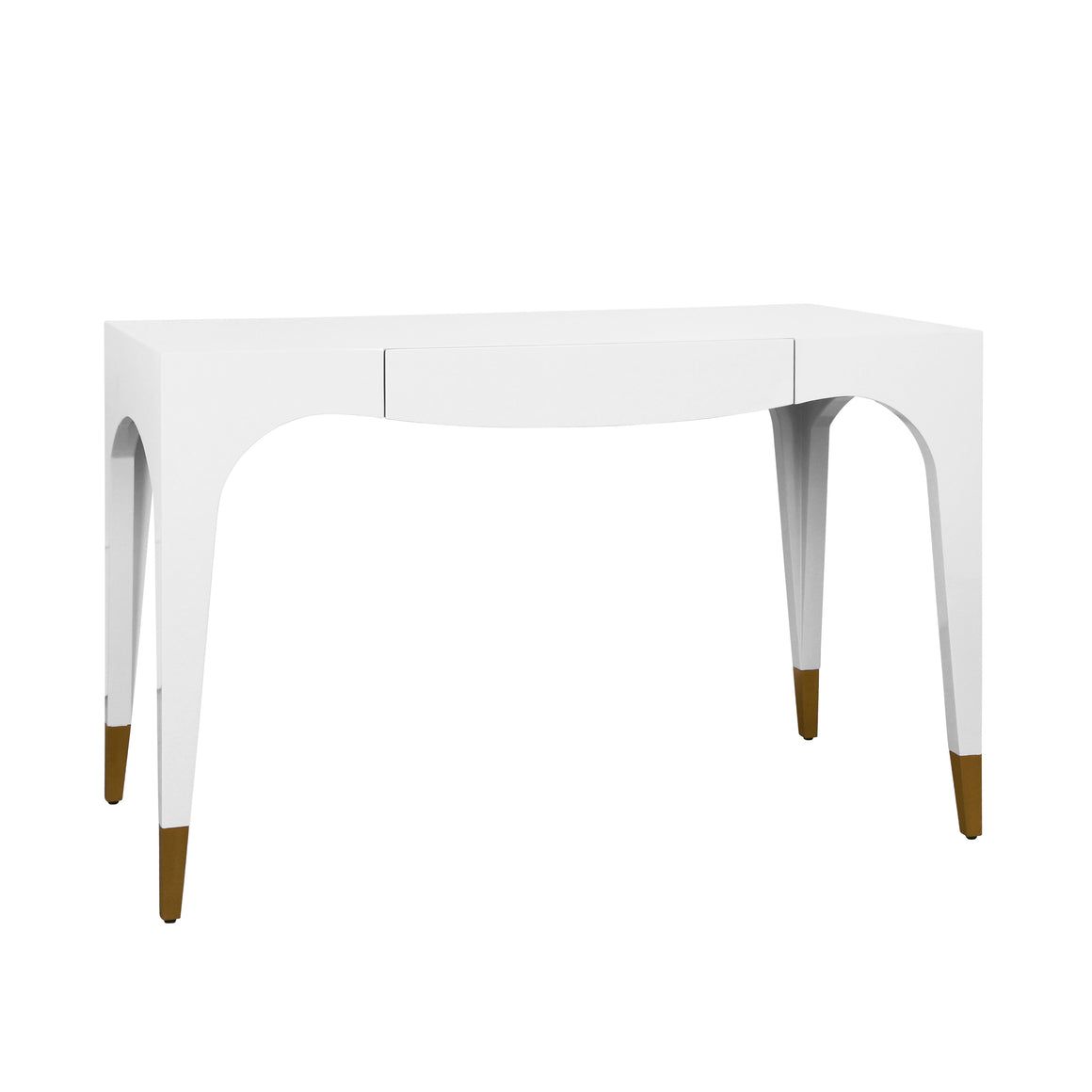 Mandi Tapered Leg, One Drawer Desk With Antique Brass Foot Caps In White Lacquer