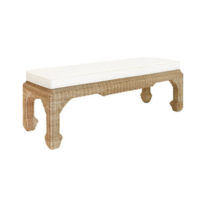 Massey Ming Style Bench in Woven Rattan with Linen Cushion