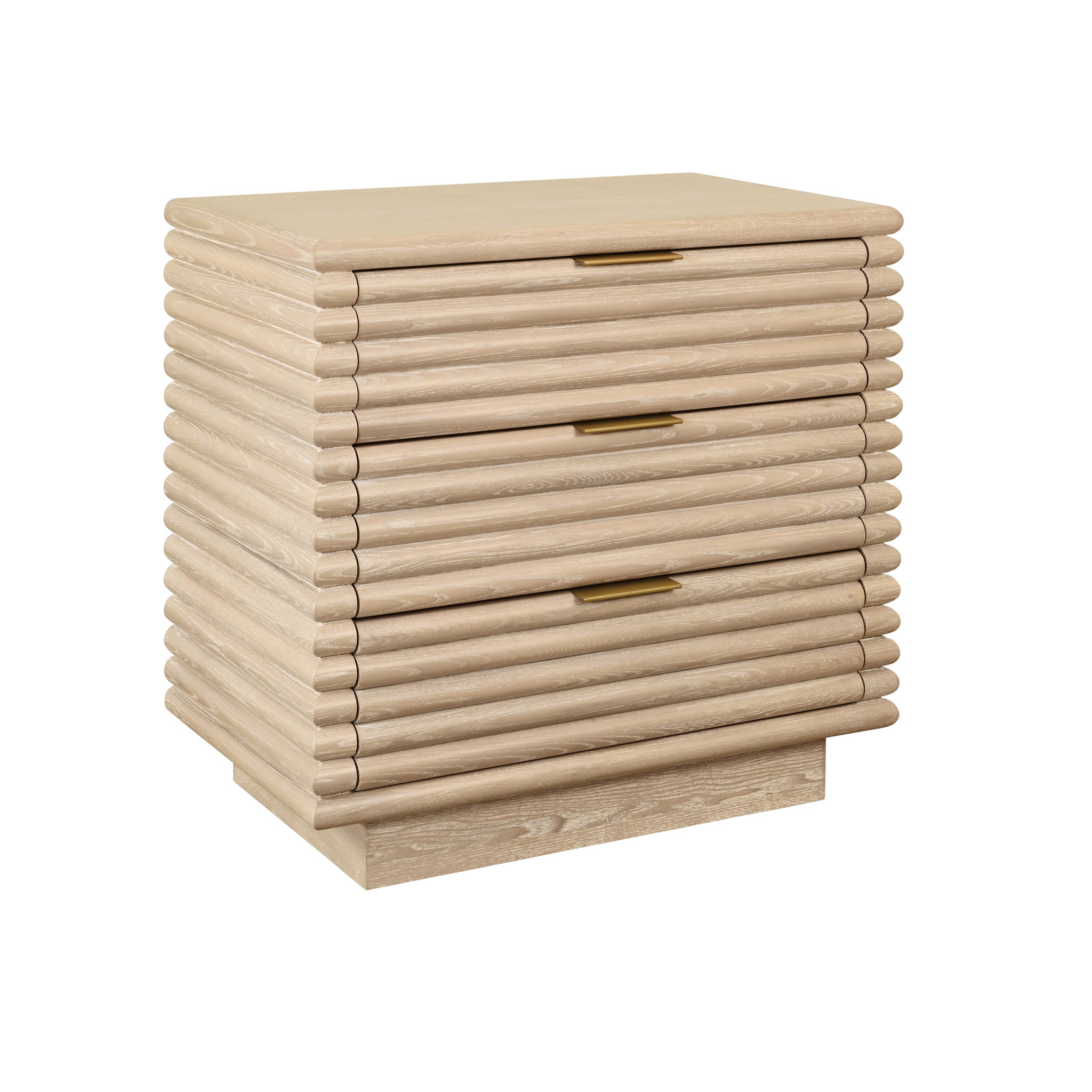 Mateo Three Drawer Side Table With Antique Brass Hardware And Large Horizontal Reeds In White Lacquer