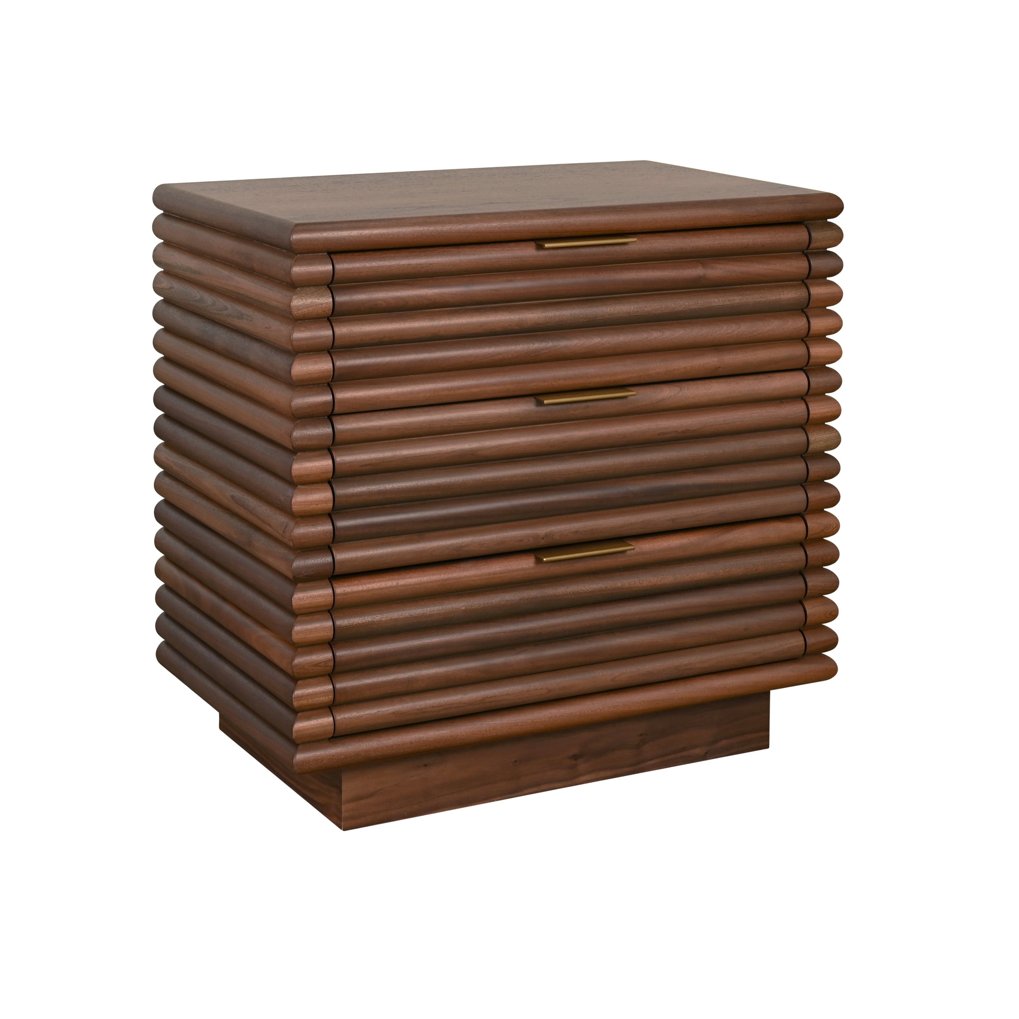 Mateo Three Drawer Side Table With Antique Brass Hardware And Large Horizontal Reeds In White Lacquer