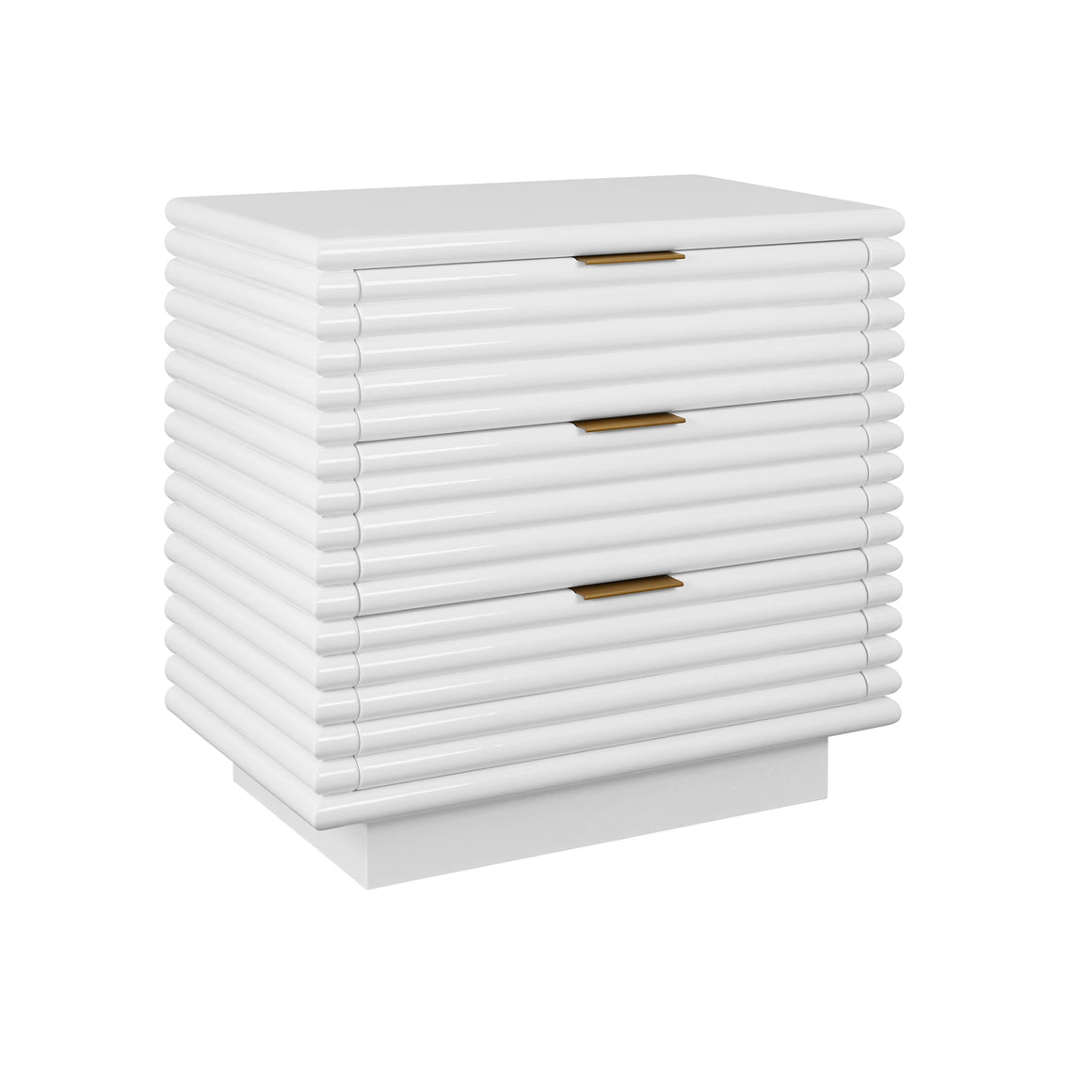 Mateo Three Drawer Side Table With Antique Brass Hardware And Large Horizontal Reeds In White Lacquer