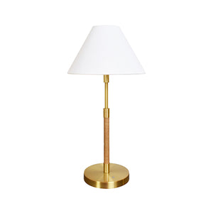 Melton Table Lamp with Wrapped Rattan Pole in Brass and White Linen Shade