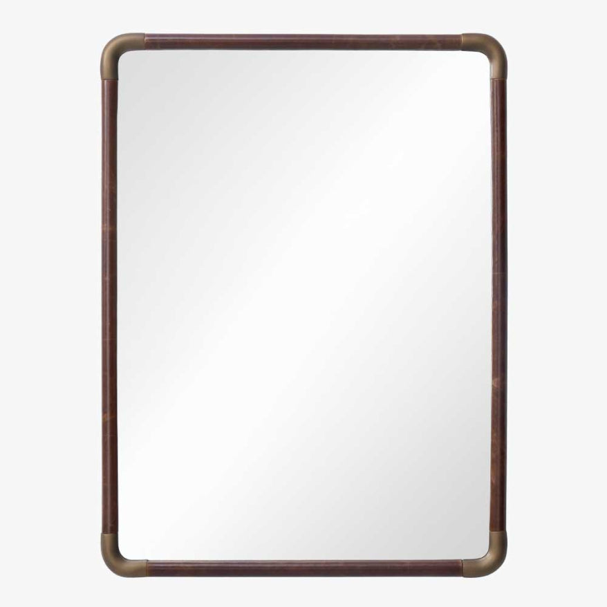 Brown Leather & English Bronze Mirror