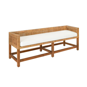 Monterey Cane Bench with Low Seat Back and Ivory Linen Cushion