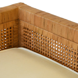 Monterey Cane Bench with Low Seat Back and Ivory Linen Cushion