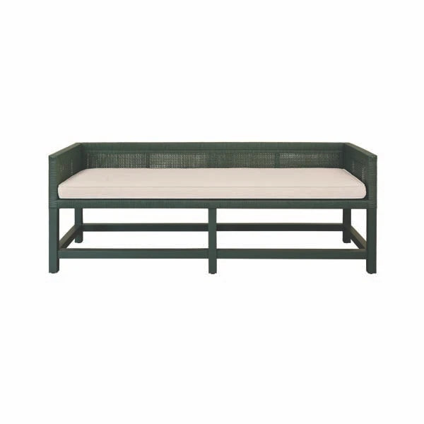 MONTEREY Cane Bench With Low Seat Back And Ivory Linen Cushion In Painted Hunter Green