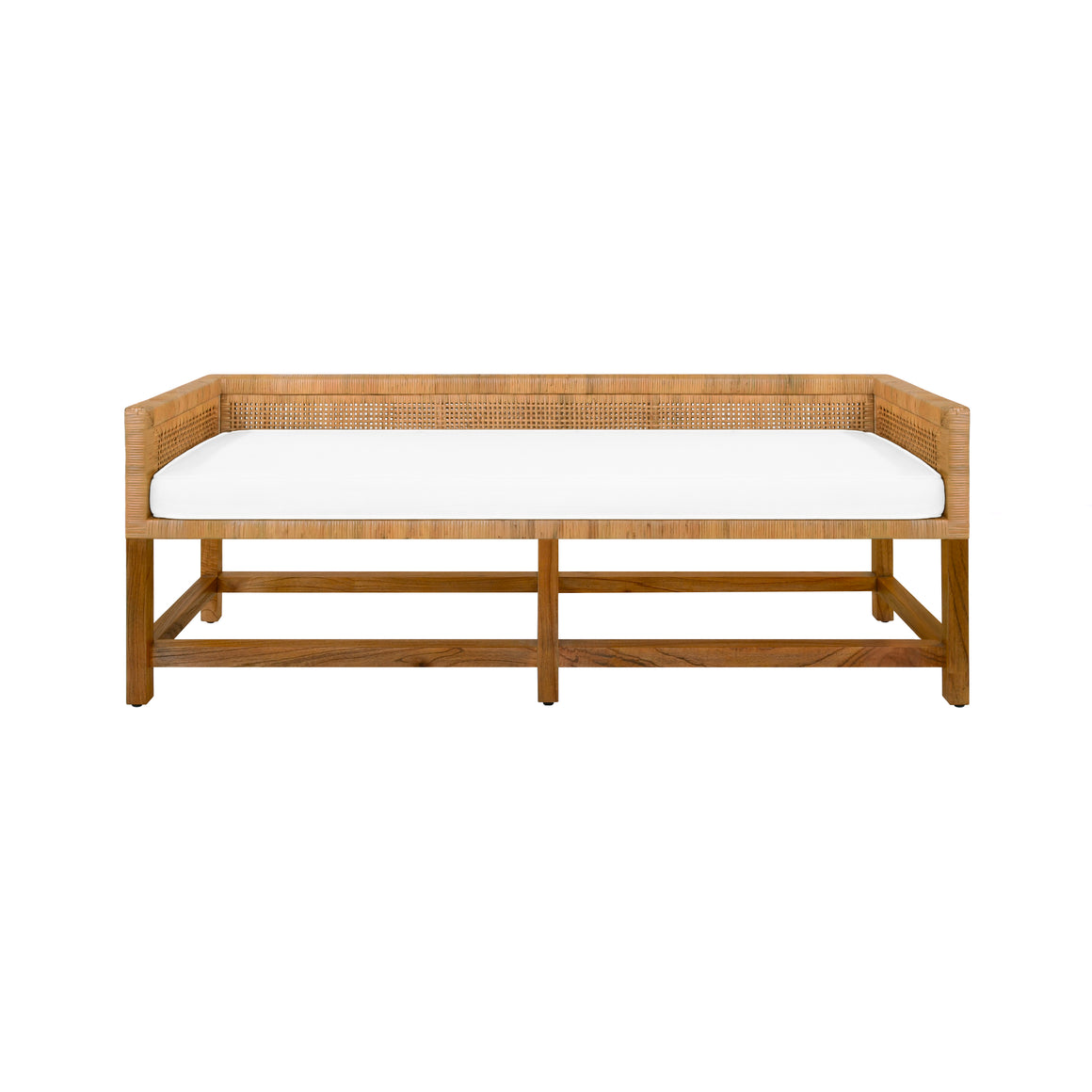 Monterey Cane Bench with Low Seat Back and Ivory Linen Cushion