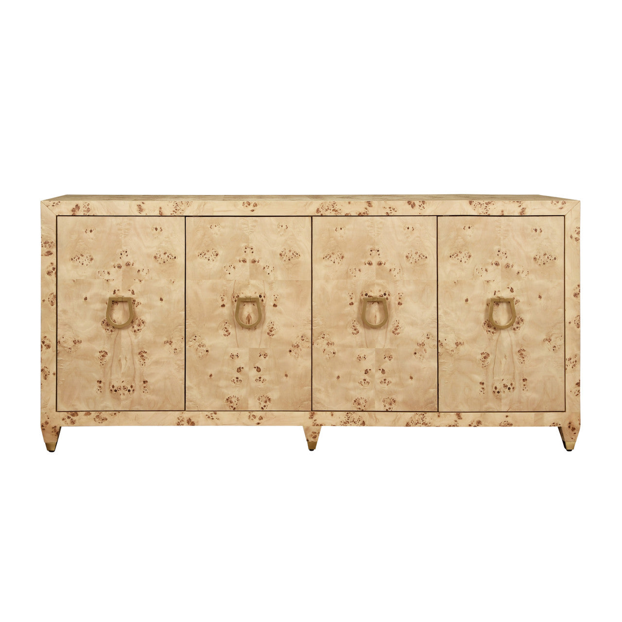 Mulligan Four Door Buffet With Satin Brass Horsebit Inspired Hardware And Foot Caps In Burl Wood