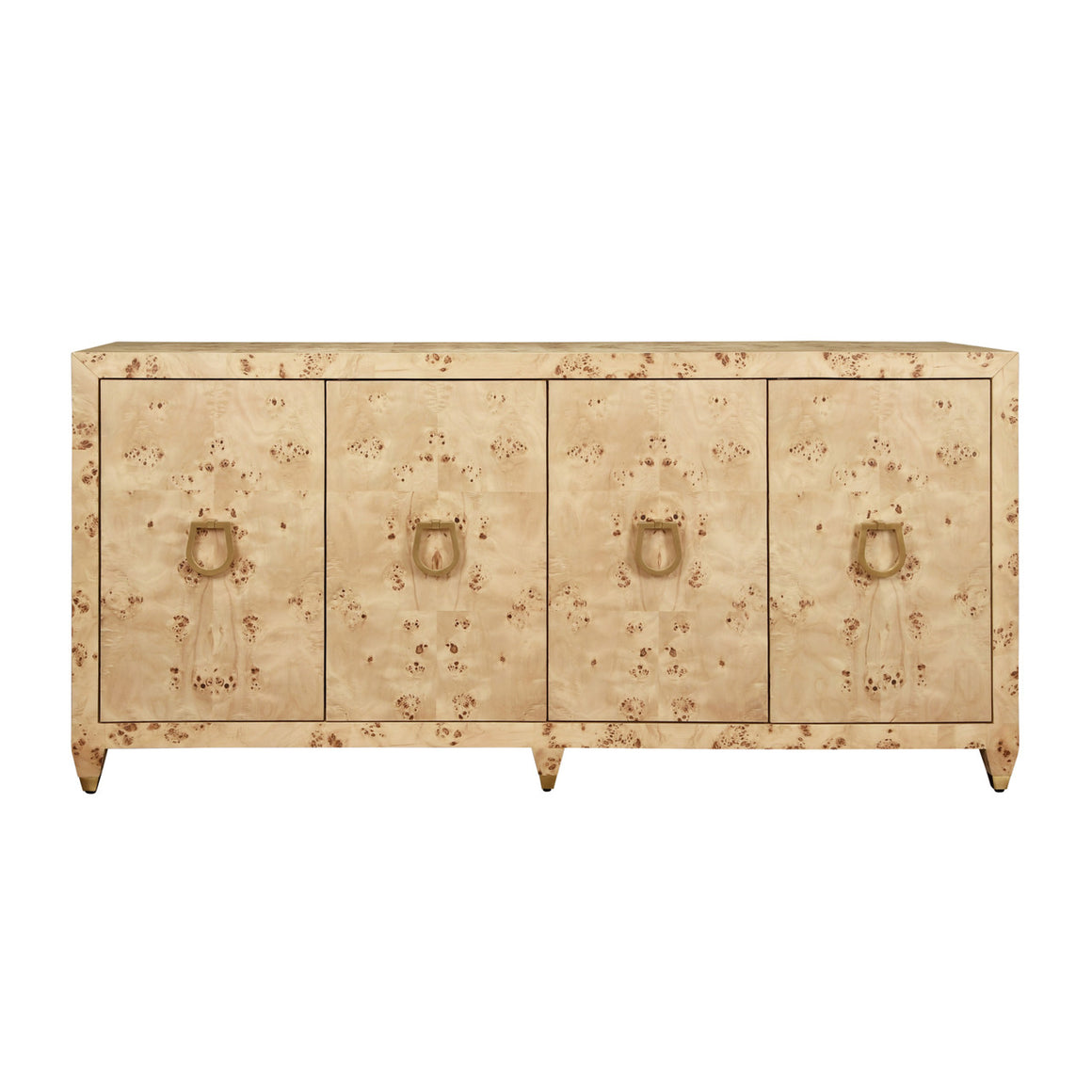 Mulligan Four Door Buffet With Satin Brass Horsebit Inspired Hardware And Foot Caps In Burl Wood