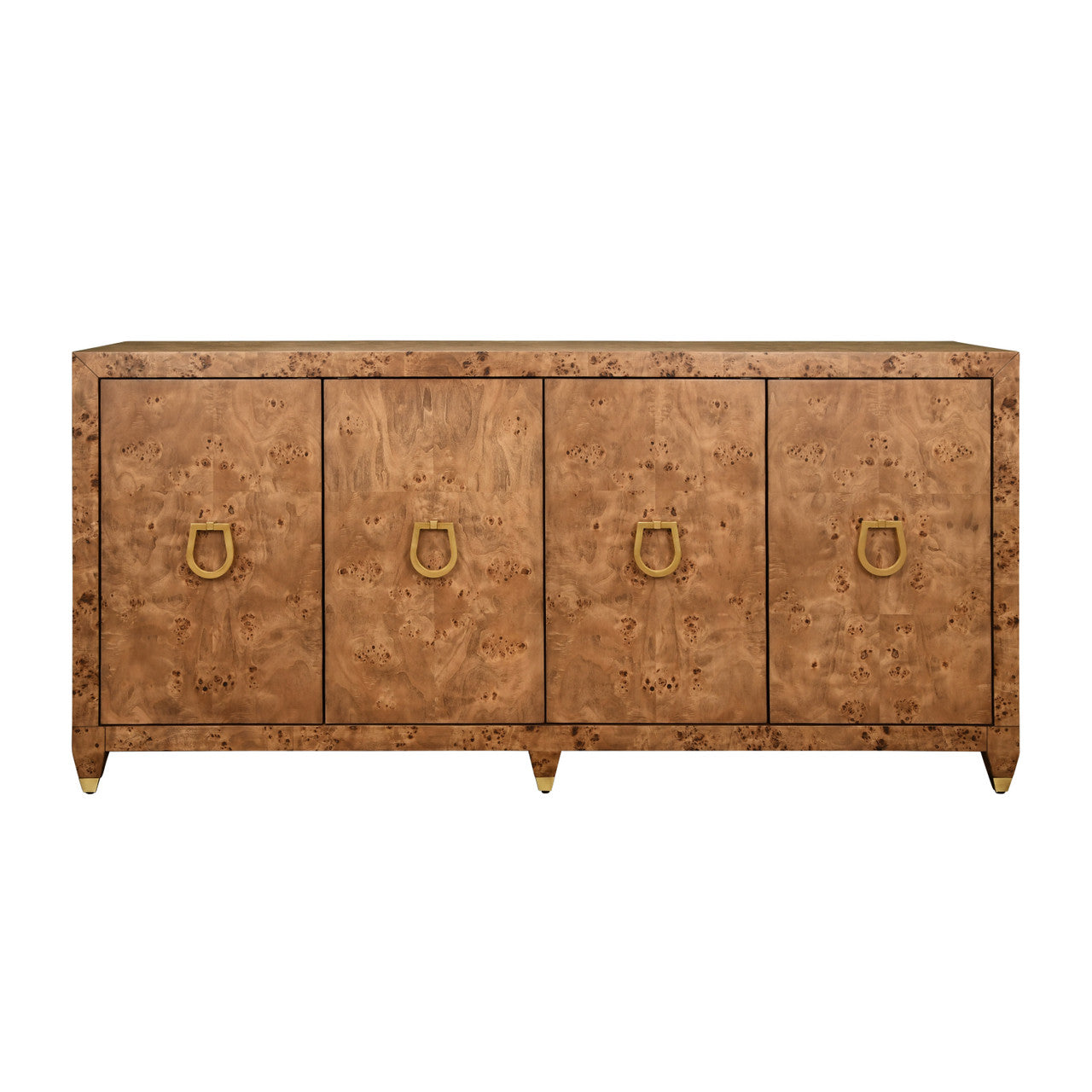 Mulligan Four Door Buffet With Satin Brass Horsebit Inspired Hardware And Foot Caps In Dark Burl Wood