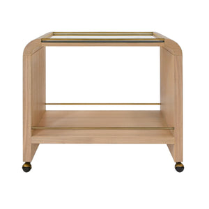 Myers Waterfall Edge Bar Cart with Antique Brass Rails in Natural Oak