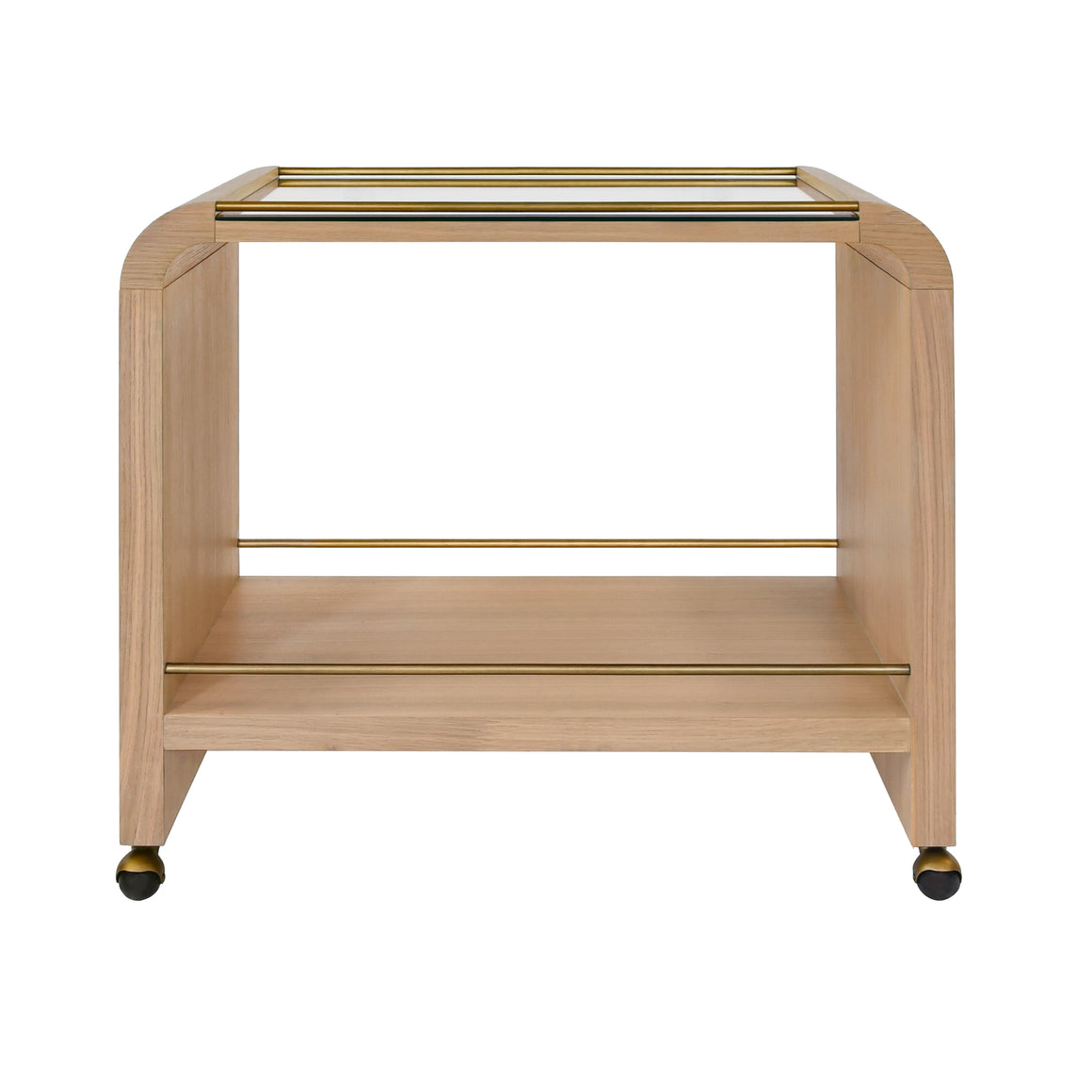 Myers Waterfall Edge Bar Cart with Antique Brass Rails in Natural Oak