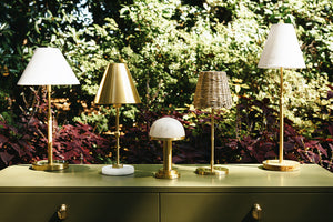 Chanler Table Lamp in Brass and Faux Alabaster Base with Metal Shade