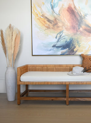 Cane Bench with Low Seat Back and Ivory Linen Cushion