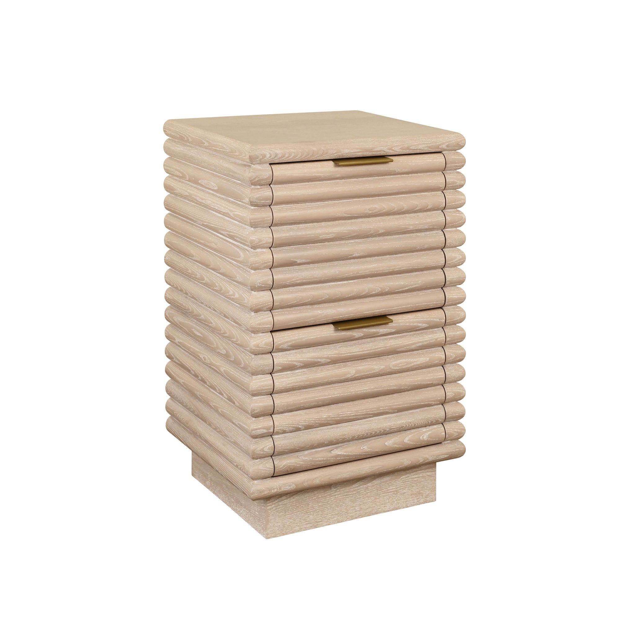 Nayla Two Drawer Side Table With Antique Brass Hardware And Large Horizontal Reeds In White Lacquer