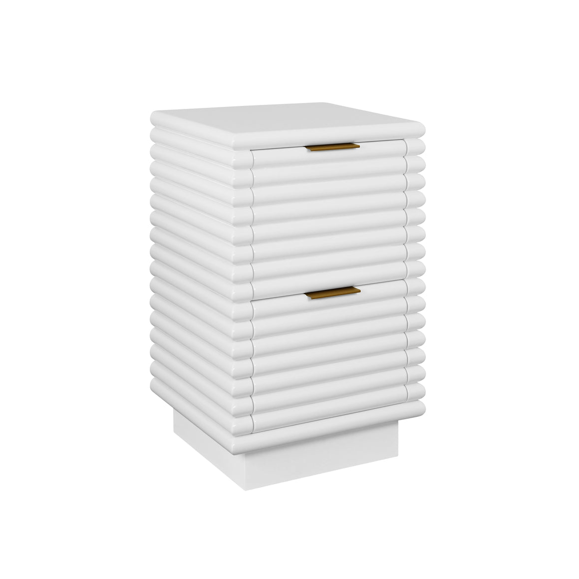 Nayla Two Drawer Side Table With Antique Brass Hardware And Large Horizontal Reeds In White Lacquer