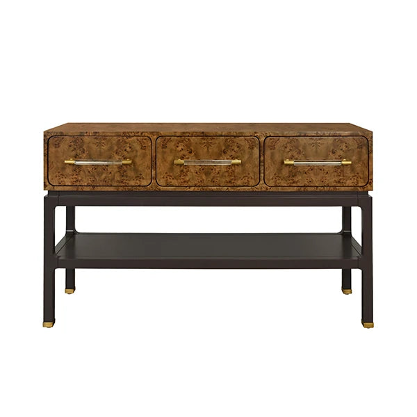 NELSON Three Drawer Console In Dark Burl Wood With Matte Chocolate Brown Lacquer Base