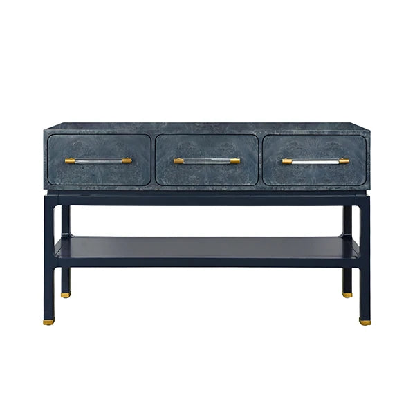 NELSON Three Drawer Console In Navy Burl Wood With Matte Navy Lacquer