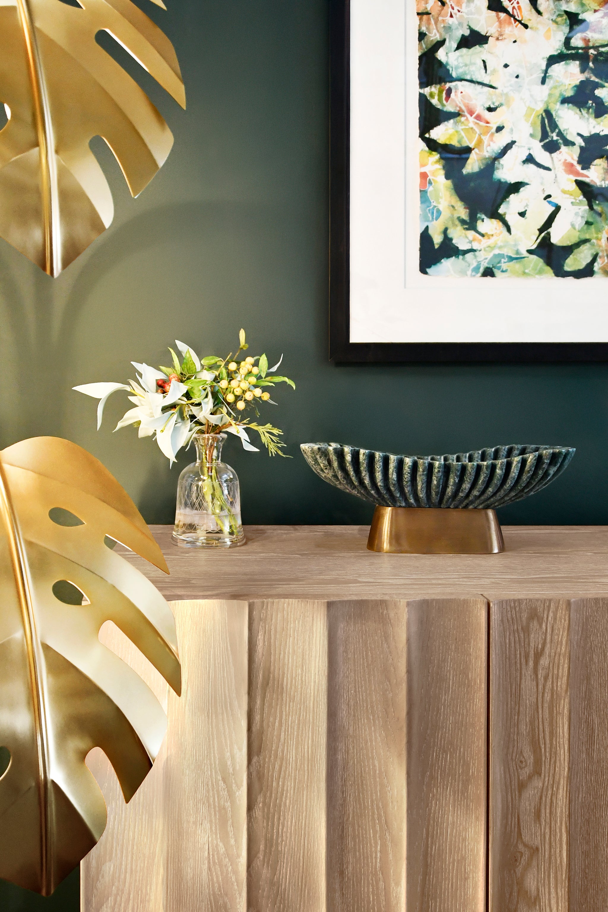 Oval Fluted Green Marble Bowl with Brass Base