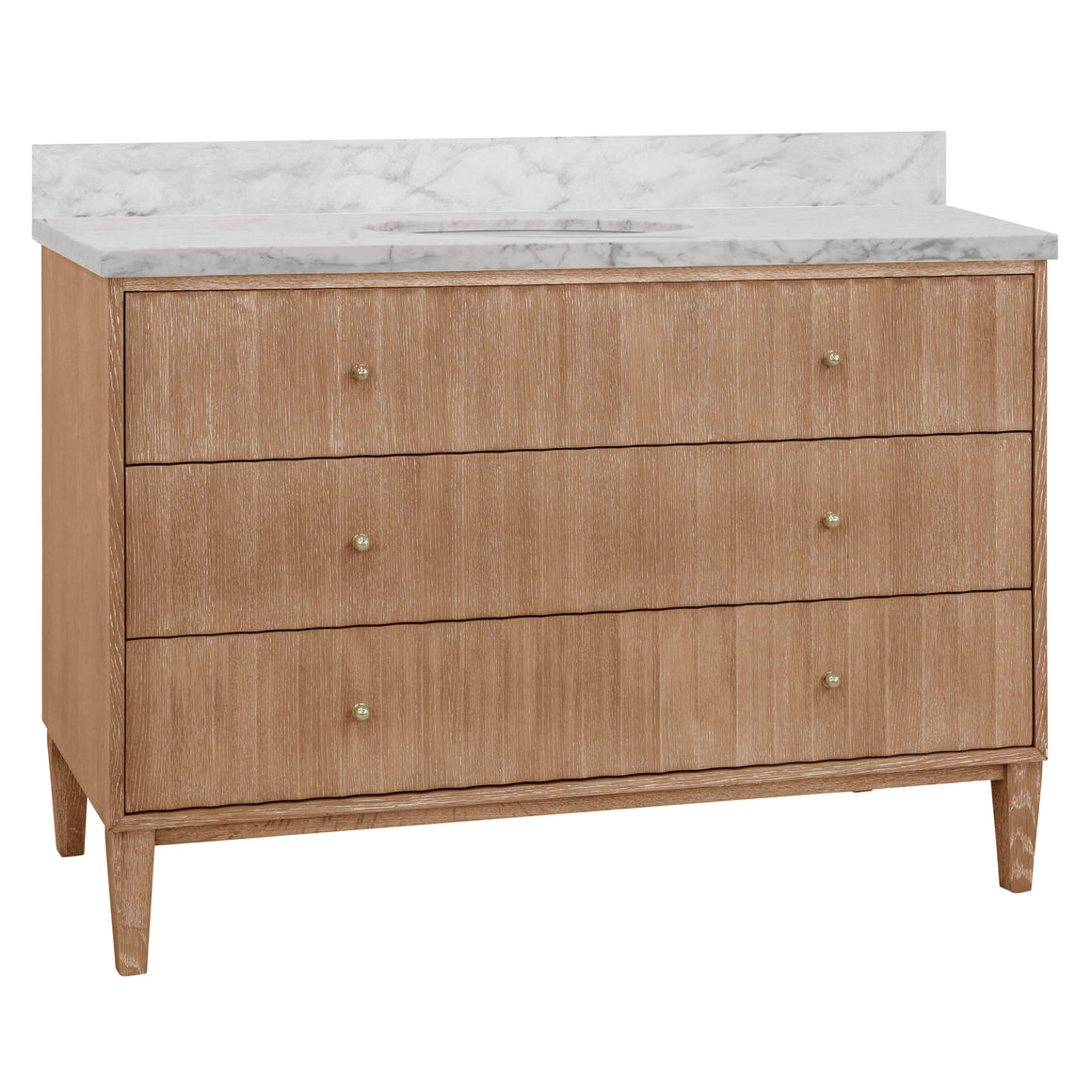 Odin Bath Vanity With Vertical Fluted Detail On Drawers In Cerused Oak With White Marble Top, Porcelain Sink, And Polished Brass Knobs, 48" Wide