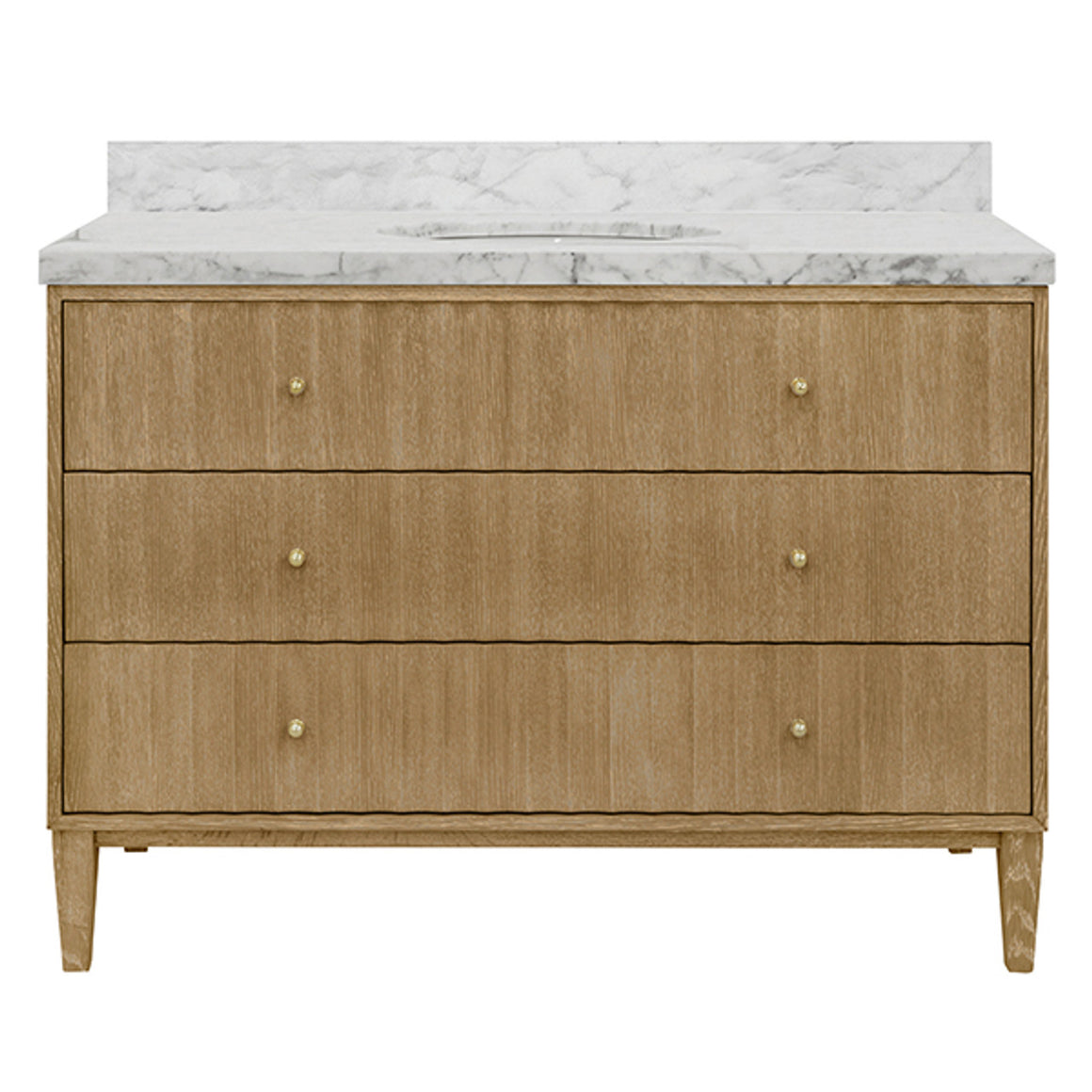 Odin Bath Vanity With Vertical Fluted Detail On Drawers In Cerused Oak With White Marble Top, Porcelain Sink, And Polished Brass Knobs, 48" Wide