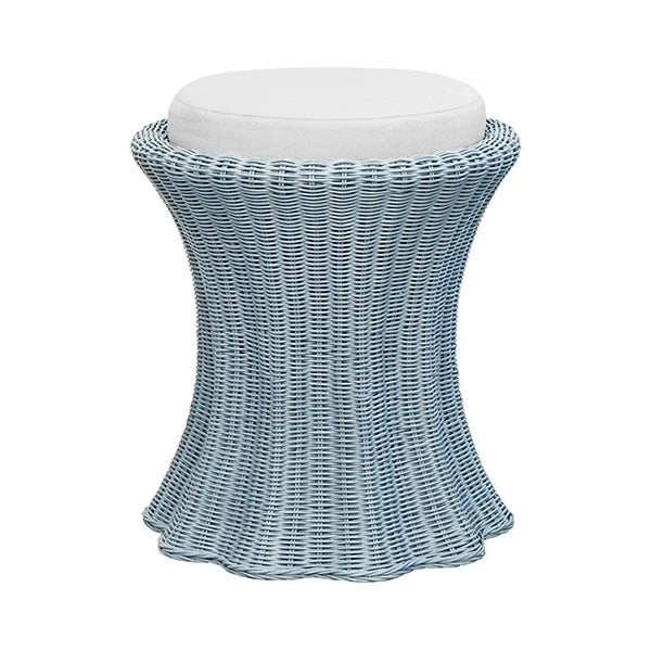 PAISLEY Round Stool With Scalloped Edges in Painted Light Blue Rattan