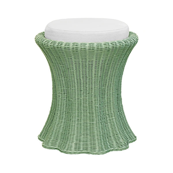 PAISLEY Round Stool With Scalloped Edges In Painted Sage Green Rattan