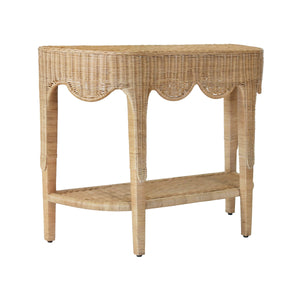 Paloma Scalloped Top Demi Lune Console in Woven Rattan