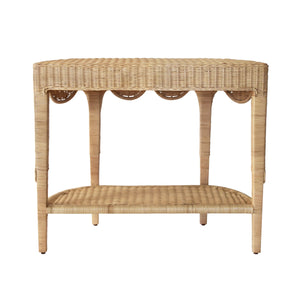 Paloma Scalloped Top Demi Lune Console in Woven Rattan