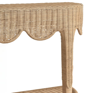 Paloma Scalloped Top Demi Lune Console in Woven Rattan