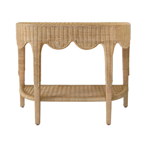 Paloma Scalloped Top Demi Lune Console in Woven Rattan