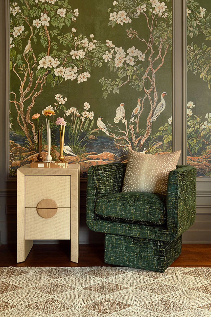 Parker Two Drawer Small Side Table In Natural Grasscloth With Cerused Oak Handles