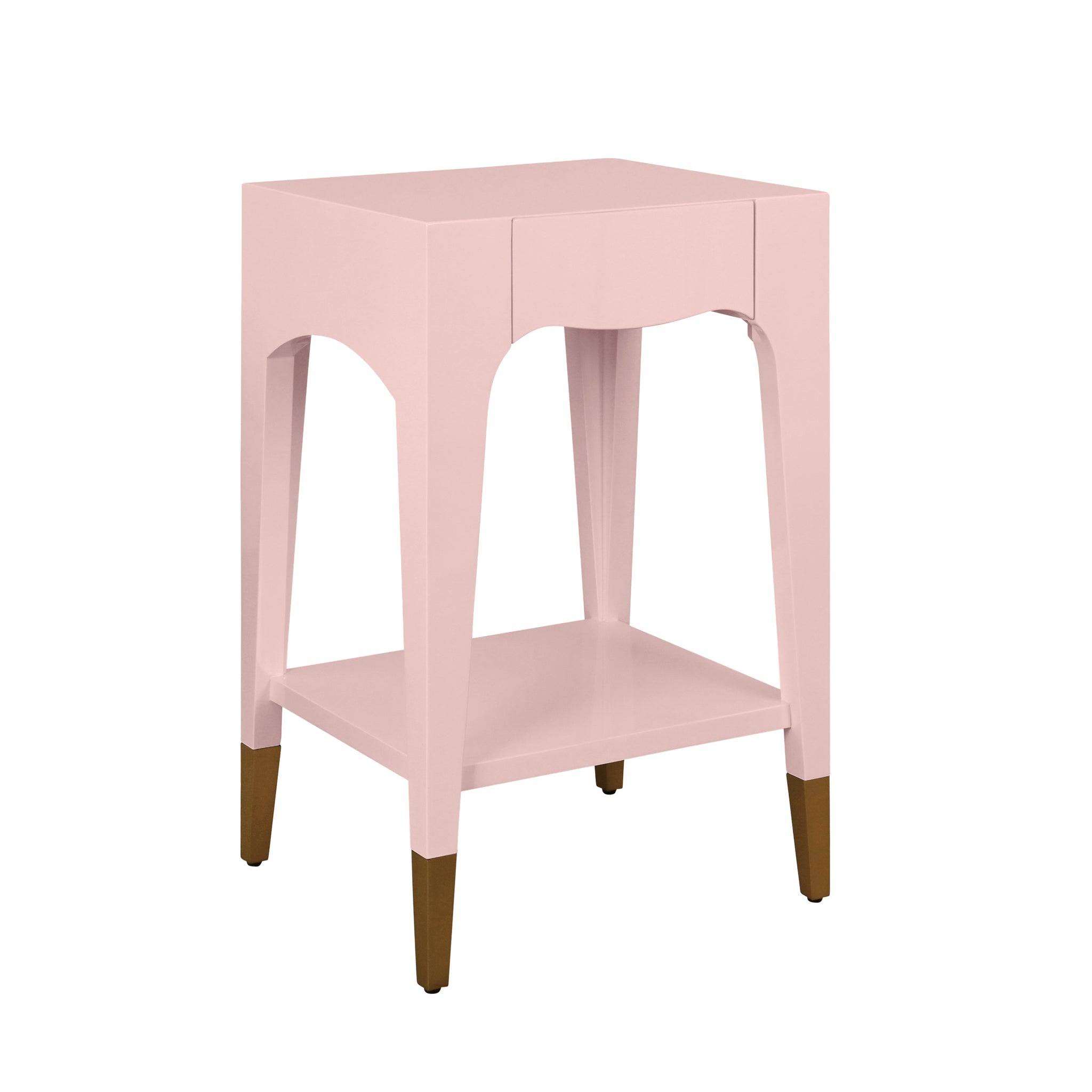 Patti Tapered Leg One Drawer Side Table With Antique Brass Foot Caps In White Lacquer