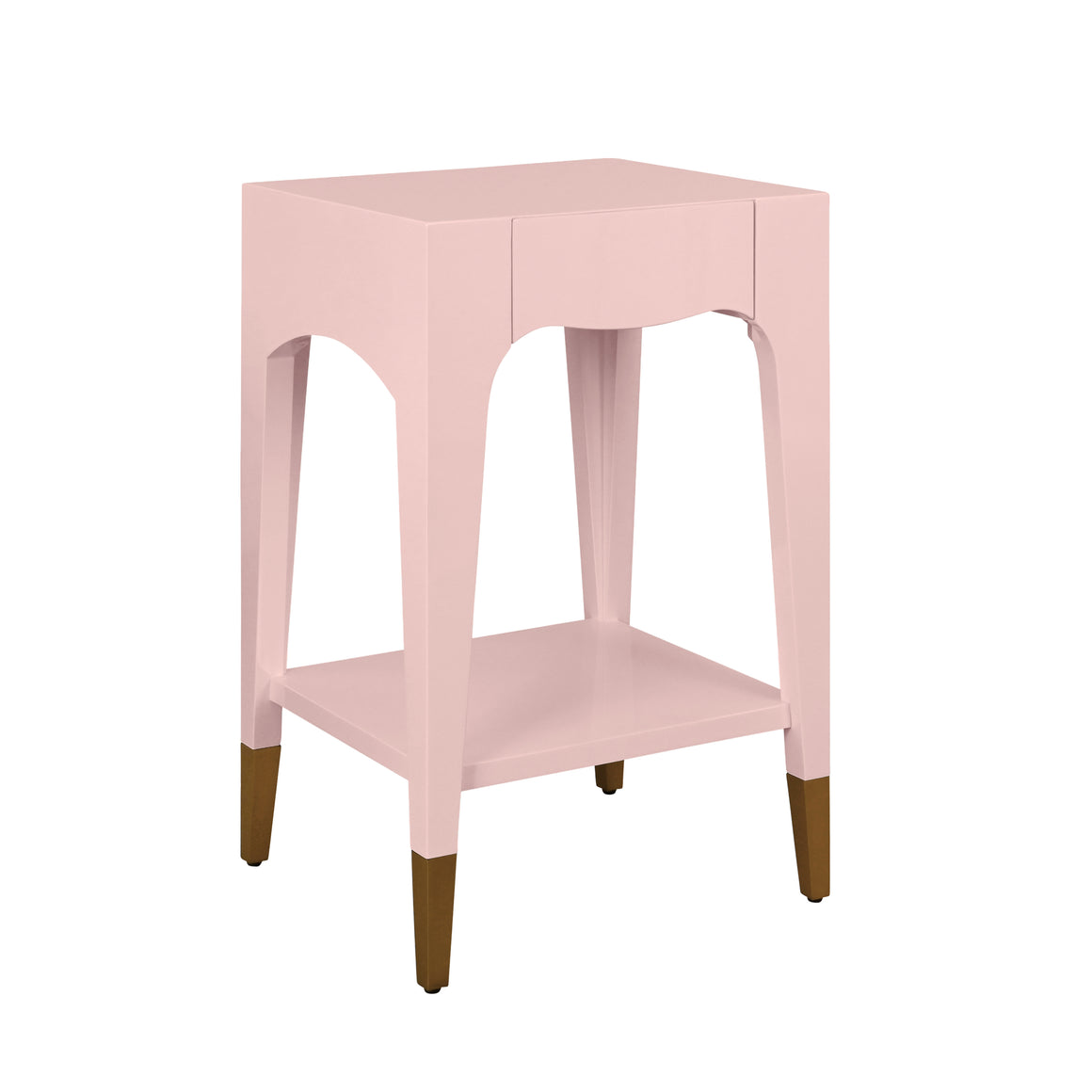 Patti Tapered Leg One Drawer Side Table With Antique Brass Foot Caps In White Lacquer