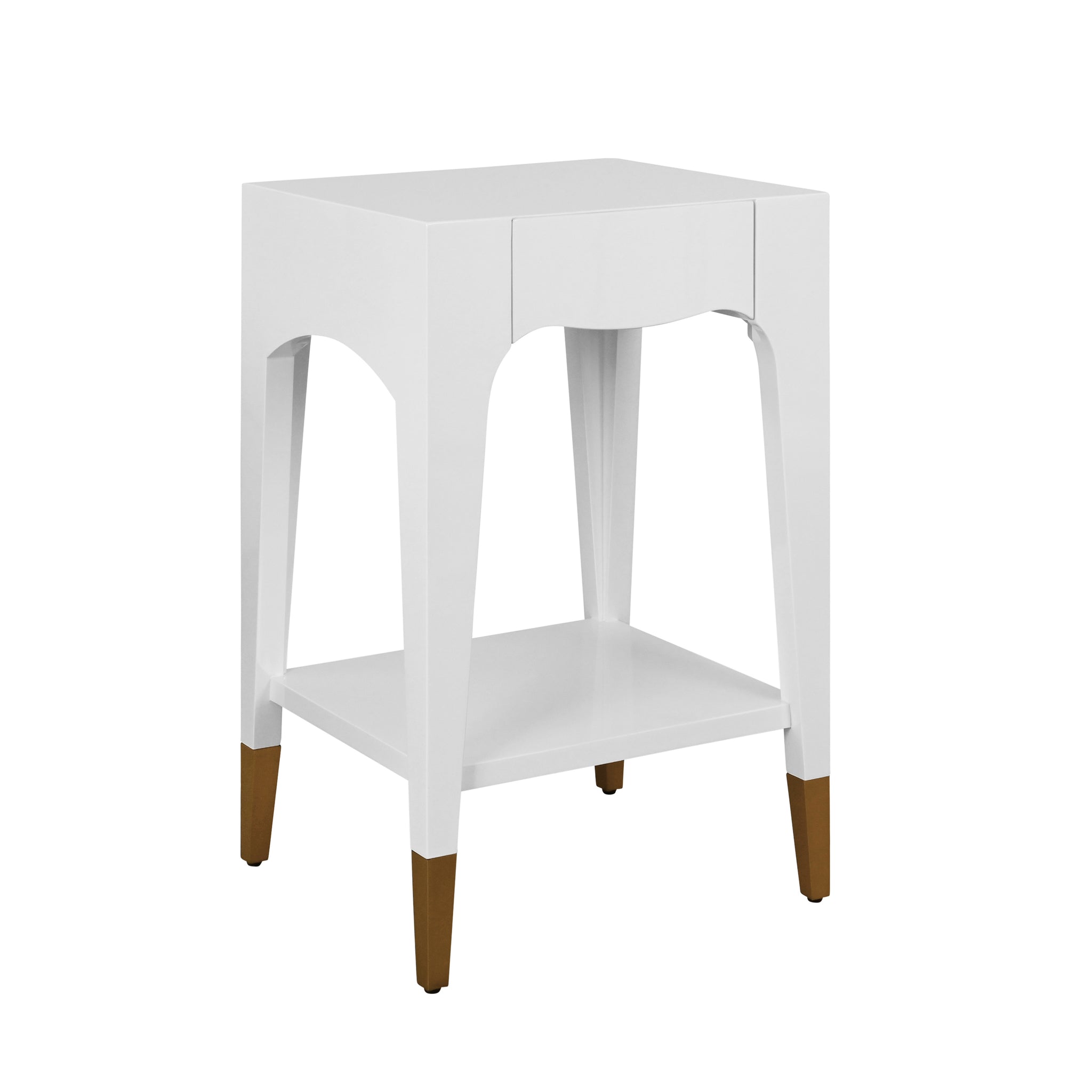 Patti Tapered Leg One Drawer Side Table With Antique Brass Foot Caps In White Lacquer