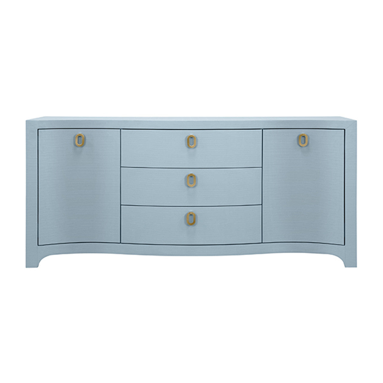 Paulina Curved Front Two Door Three Drawer Buffet In Textured Light Blue Linen With Satin Brass Ring Hardware