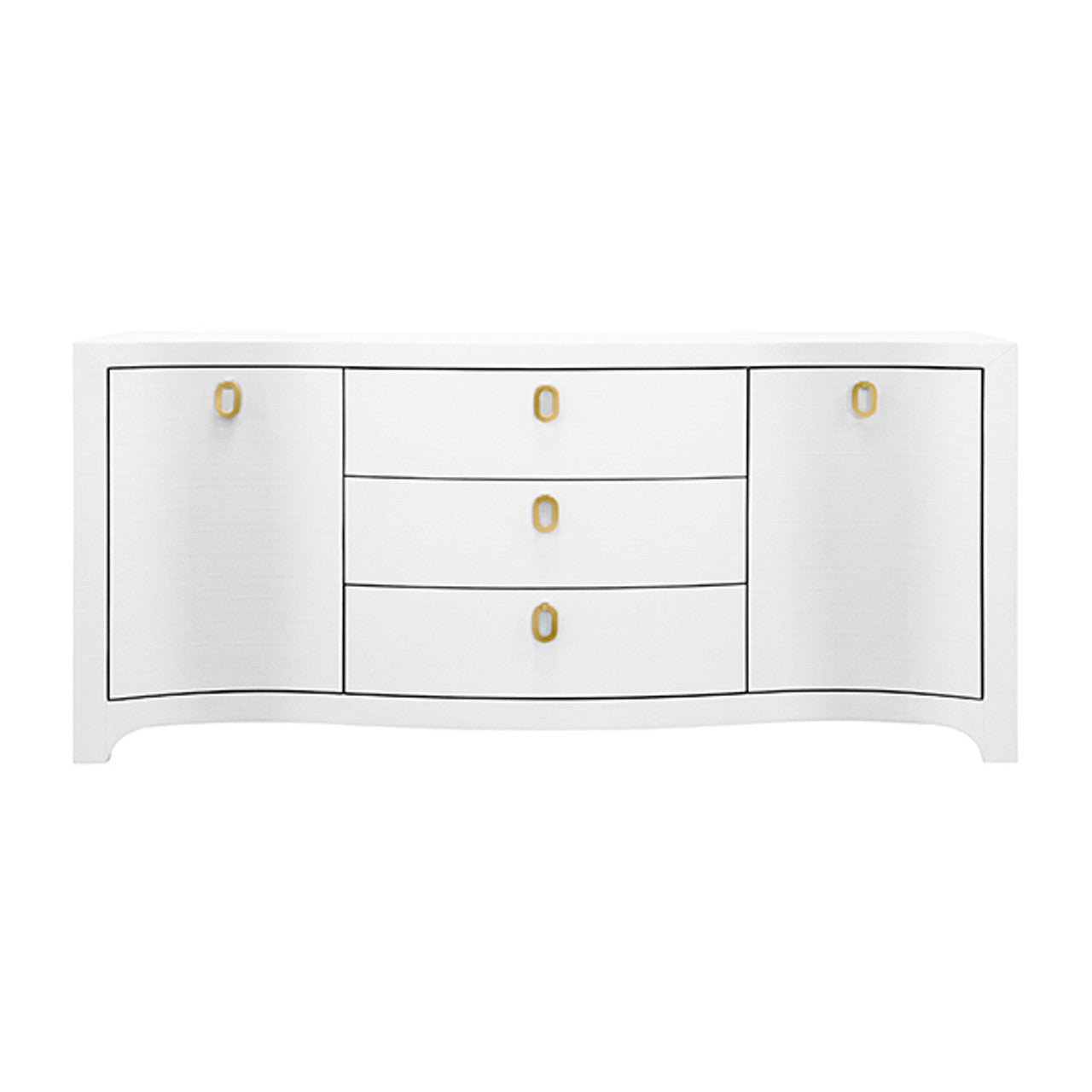 Paulina Curved Front Two Door Three Drawer Buffet In Textured White Linen With Satin Brass Ring Hardware
