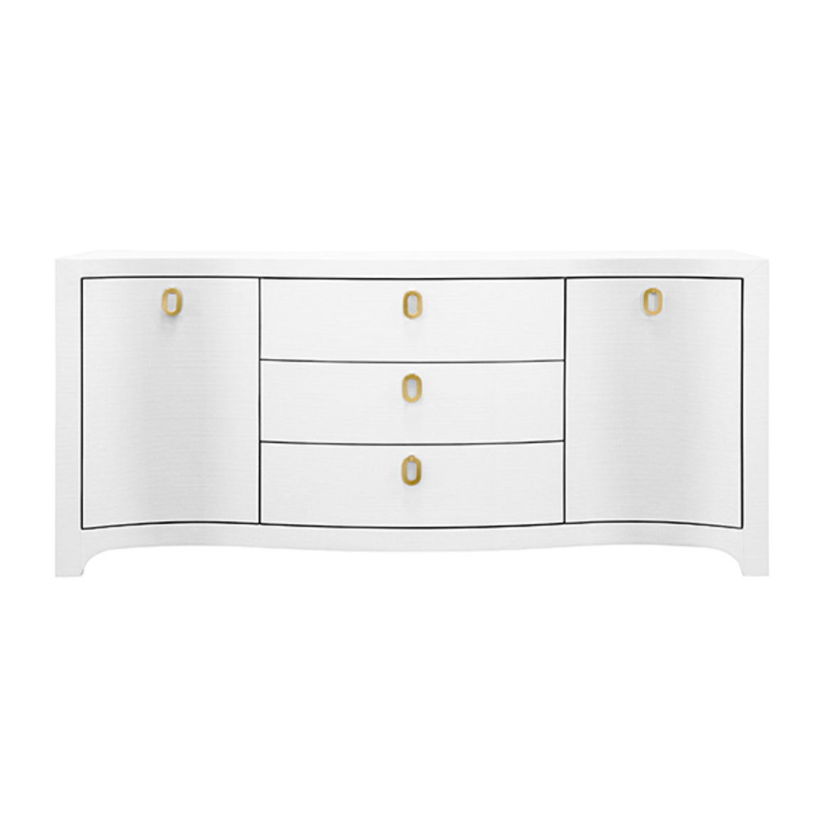 Paulina Curved Front Two Door Three Drawer Buffet In Textured White Linen With Satin Brass Ring Hardware