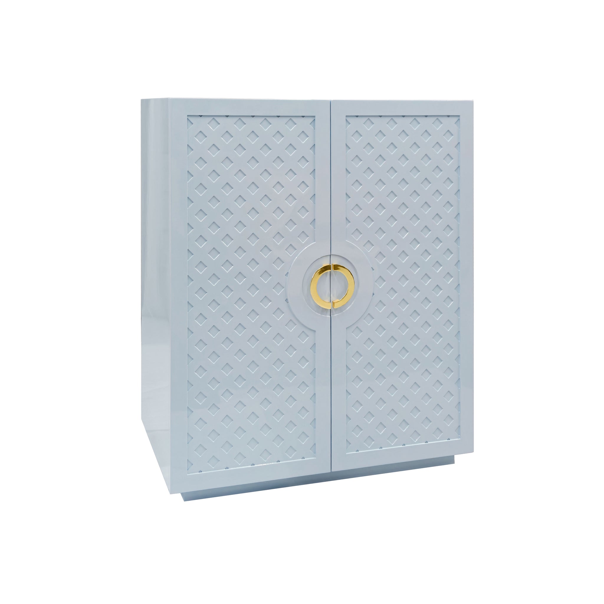 Poppy Two Door Cabinet With Lattice Overlay And Brass Circle Hardware In White Lacquer