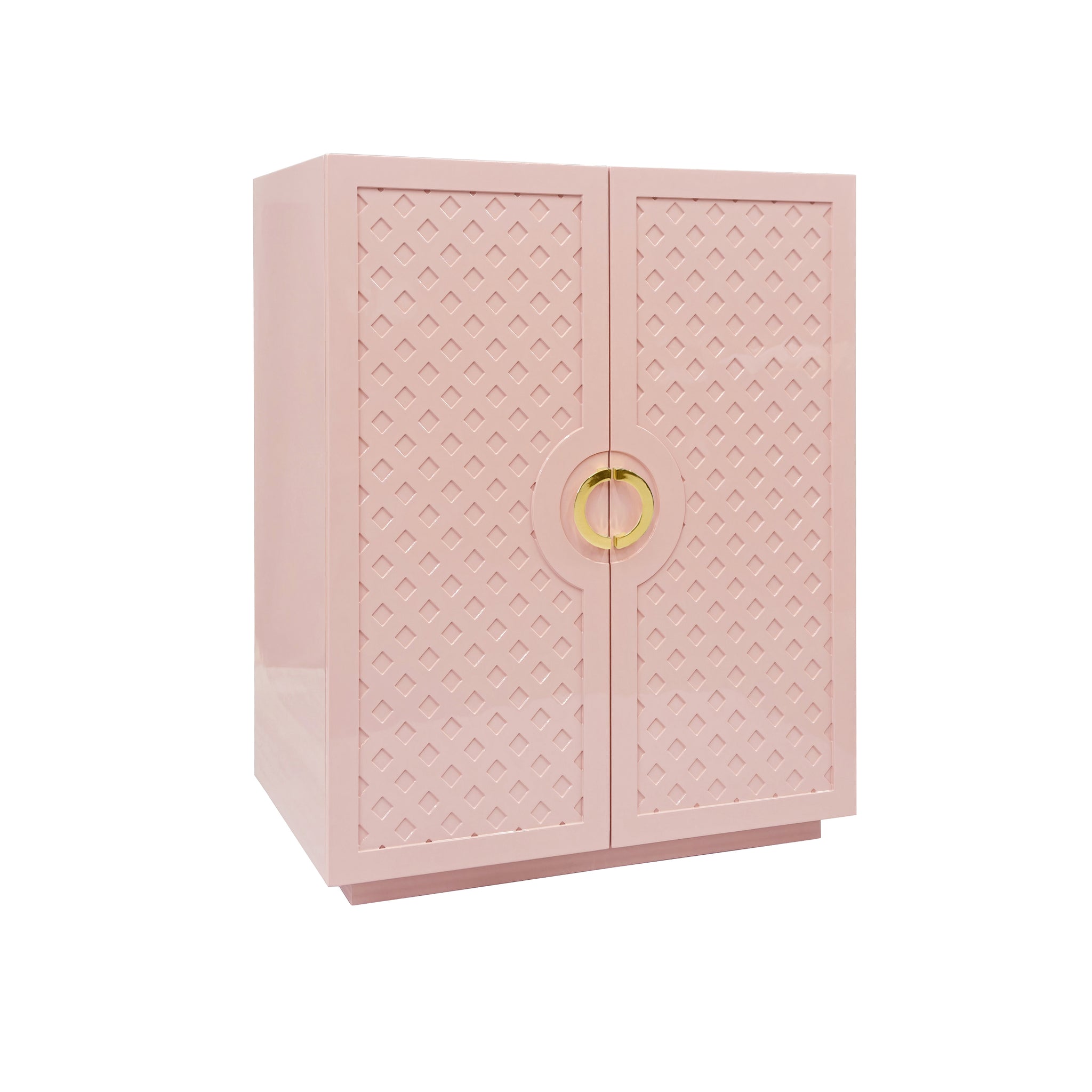 Poppy Two Door Cabinet With Lattice Overlay And Brass Circle Hardware In White Lacquer