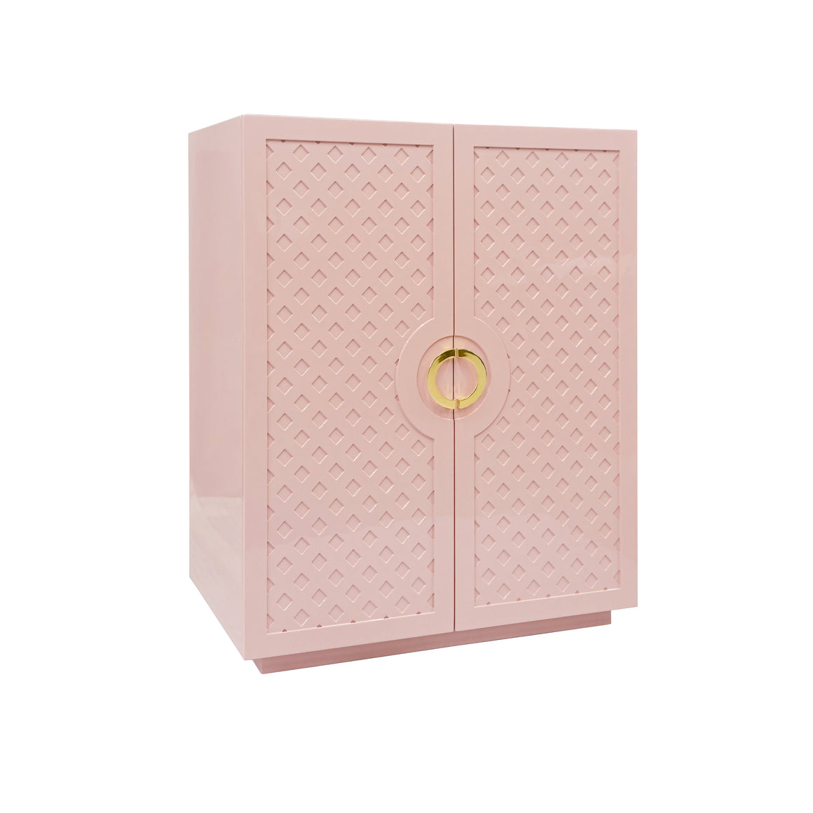 Poppy Two Door Cabinet With Lattice Overlay And Brass Circle Hardware In White Lacquer