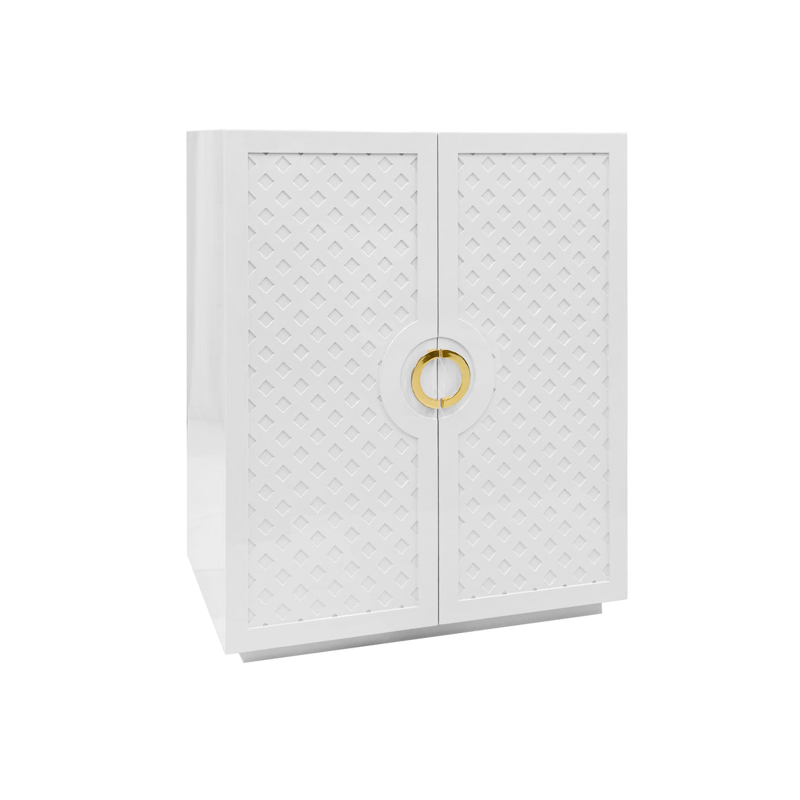 Poppy Two Door Cabinet With Lattice Overlay And Brass Circle Hardware In White Lacquer