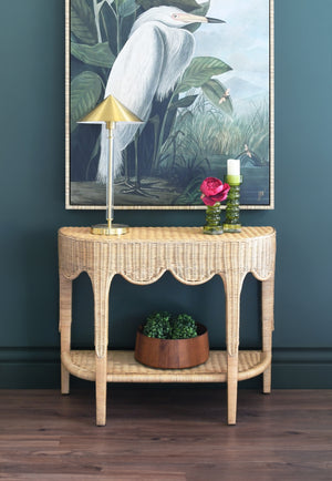 Paloma Scalloped Top Demi Lune Console in Woven Rattan