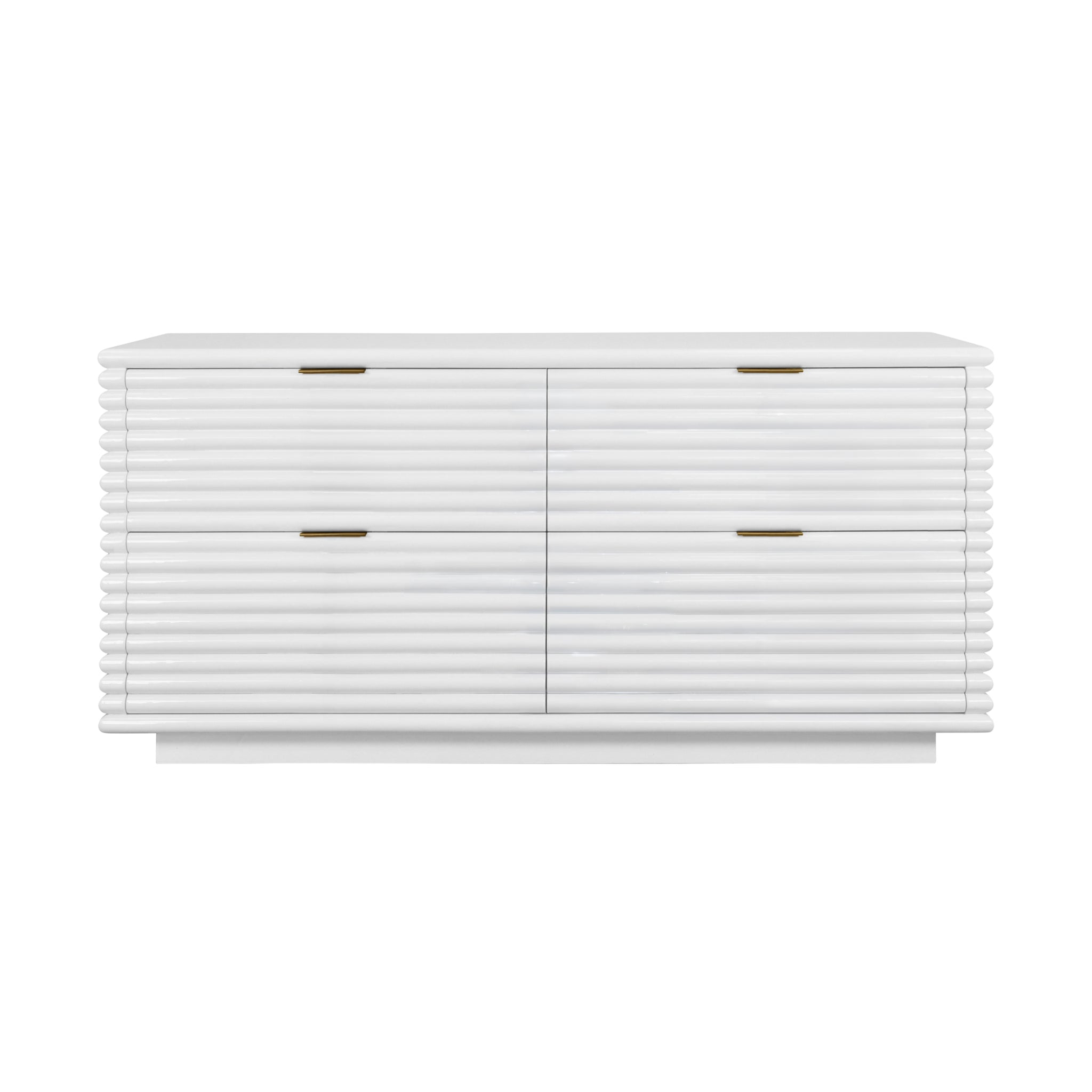 Four Drawer Chest With Antique Brass Hardware And Large Horizontal Reeds In White Lacquer